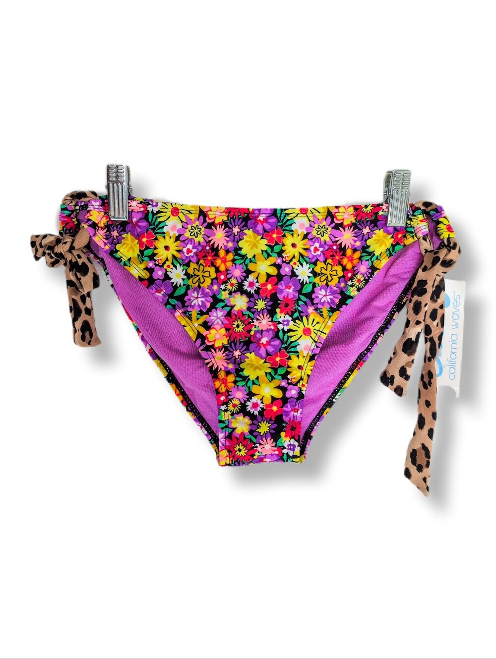 California Waves Floral Leopard Tie Bikini Bottom M NWT